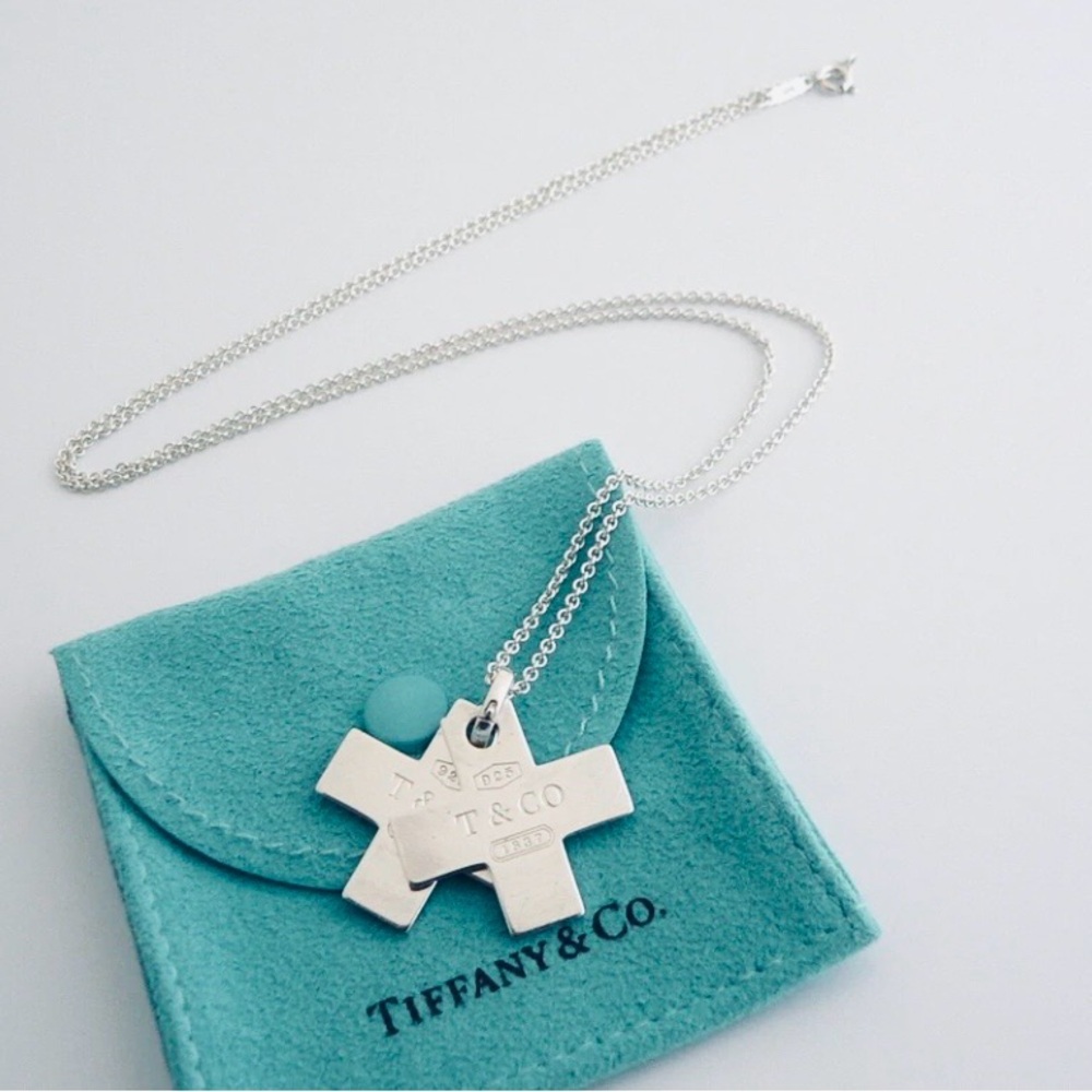 Authenticated Tiffany & Co 1837 Double Cross Necklace Sterling Silver Rare 18” - Picture 7 of 8